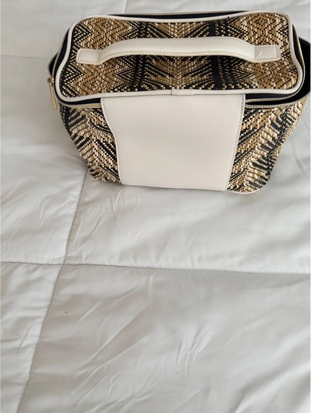 Woven Patterned Cosmetic or Toiletry Bag with White Handle